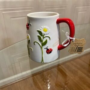 Beautiful Land Ladybug Garden Coffee Mug Hand Painted Lang Flower Floral..